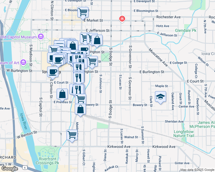 map of restaurants, bars, coffee shops, grocery stores, and more near 409 South Dodge Street in Iowa City