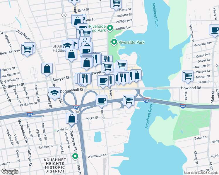 map of restaurants, bars, coffee shops, grocery stores, and more near 11 Granfield Street in New Bedford