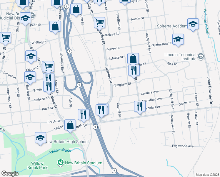 map of restaurants, bars, coffee shops, grocery stores, and more near 296 Stanley Street in New Britain