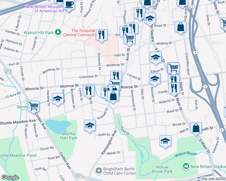 map of restaurants, bars, coffee shops, grocery stores, and more near 128 Monroe Street in New Britain