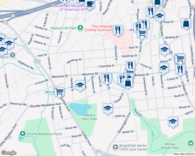 map of restaurants, bars, coffee shops, grocery stores, and more near 7 Lyons Street in New Britain