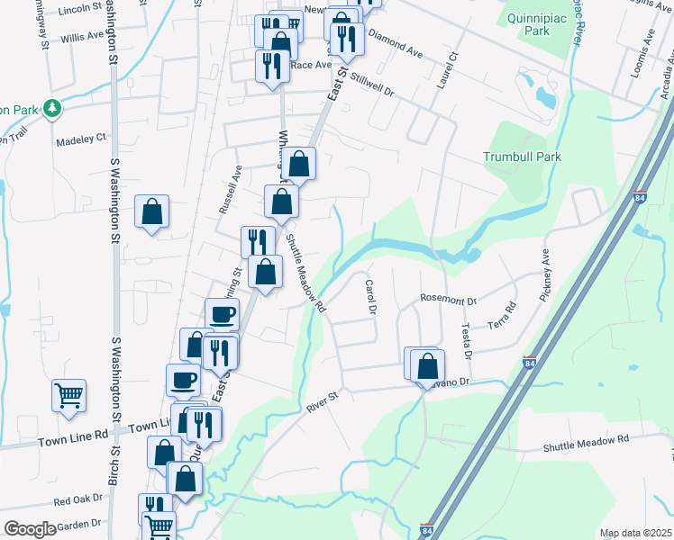 map of restaurants, bars, coffee shops, grocery stores, and more near 36 Carol Drive in Plainville