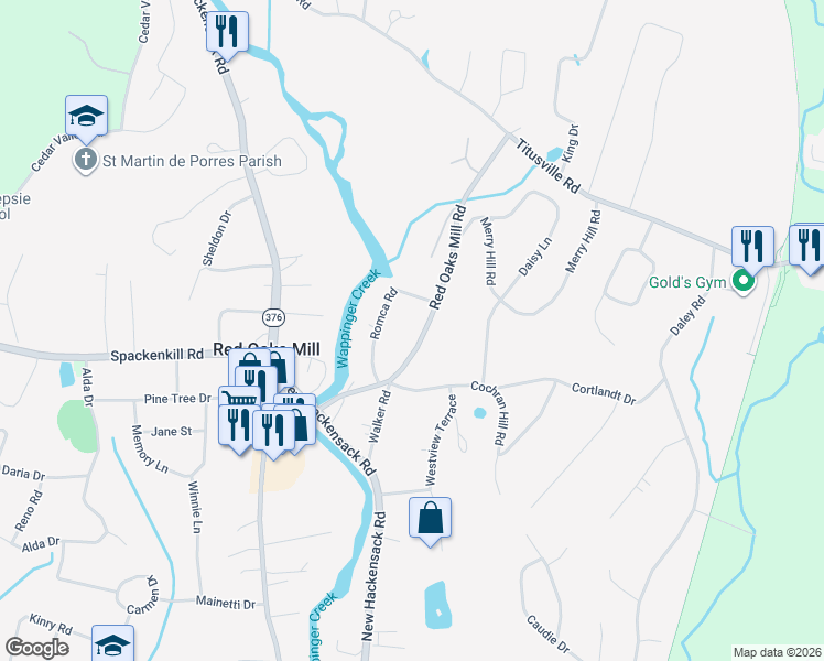map of restaurants, bars, coffee shops, grocery stores, and more near 26 Red Oaks Mill Road in Poughkeepsie