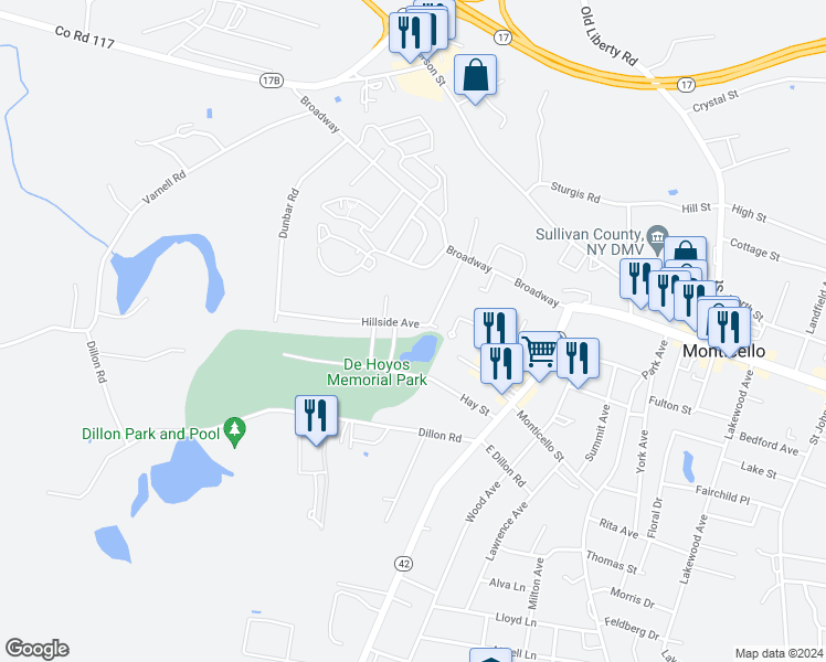map of restaurants, bars, coffee shops, grocery stores, and more near 30 Hillside Avenue in Monticello