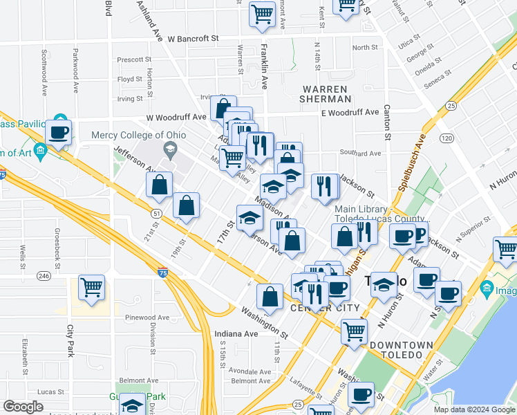 map of restaurants, bars, coffee shops, grocery stores, and more near 1600 Madison Avenue in Toledo