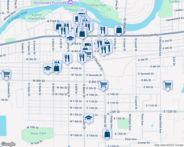 map of restaurants, bars, coffee shops, grocery stores, and more near 125 East 6th Street in Mishawaka