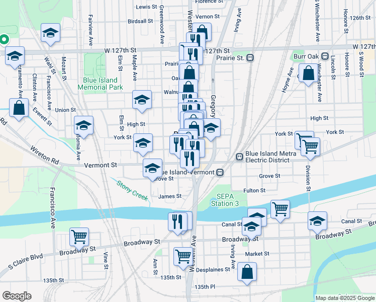 map of restaurants, bars, coffee shops, grocery stores, and more near 2422 New Street in Blue Island