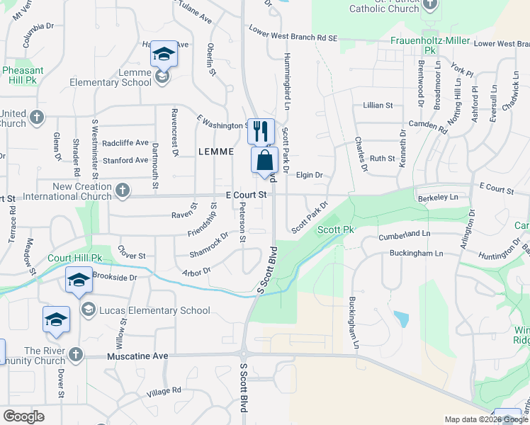 map of restaurants, bars, coffee shops, grocery stores, and more near 443 South Scott Boulevard in Iowa City