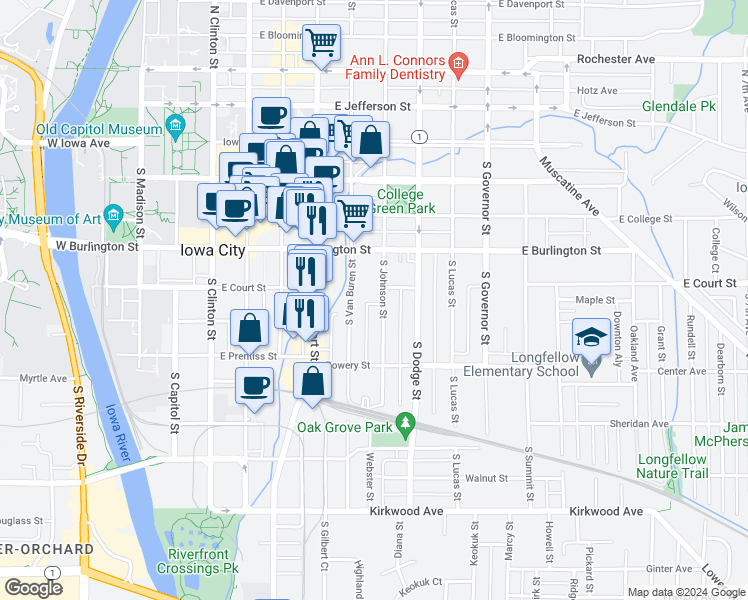 map of restaurants, bars, coffee shops, grocery stores, and more near 404 South Johnson Street in Iowa City