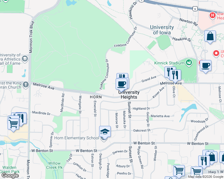 map of restaurants, bars, coffee shops, grocery stores, and more near 107 Birkdale Court in Iowa City
