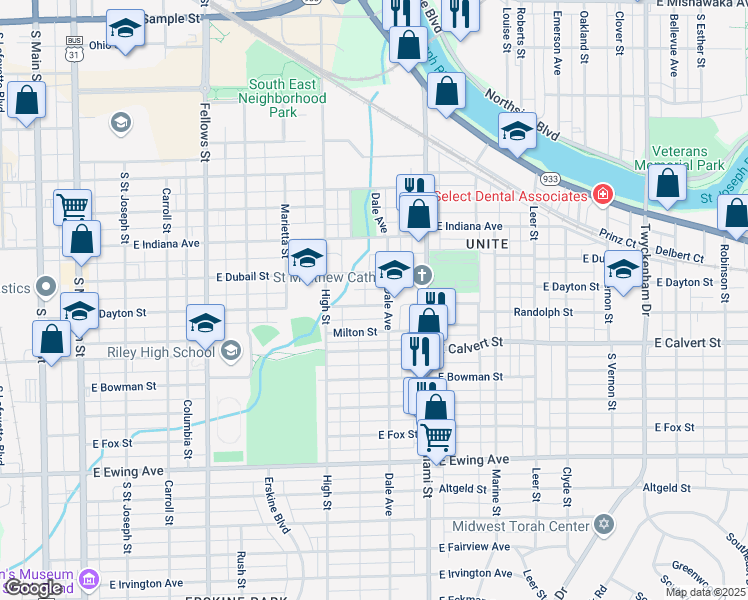 map of restaurants, bars, coffee shops, grocery stores, and more near 913 East Dayton Street in South Bend