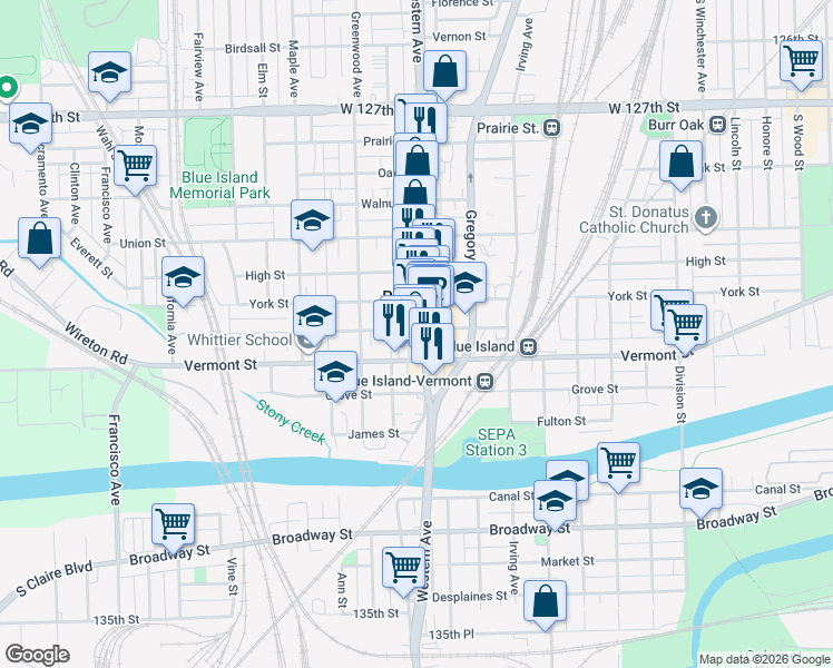 map of restaurants, bars, coffee shops, grocery stores, and more near 2422 New Street in Blue Island