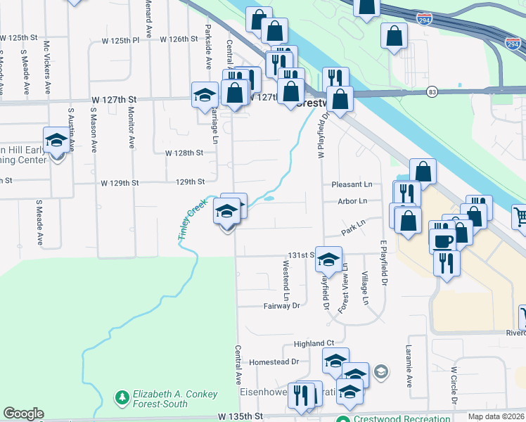 map of restaurants, bars, coffee shops, grocery stores, and more near 5411 West 129th Place in Crestwood