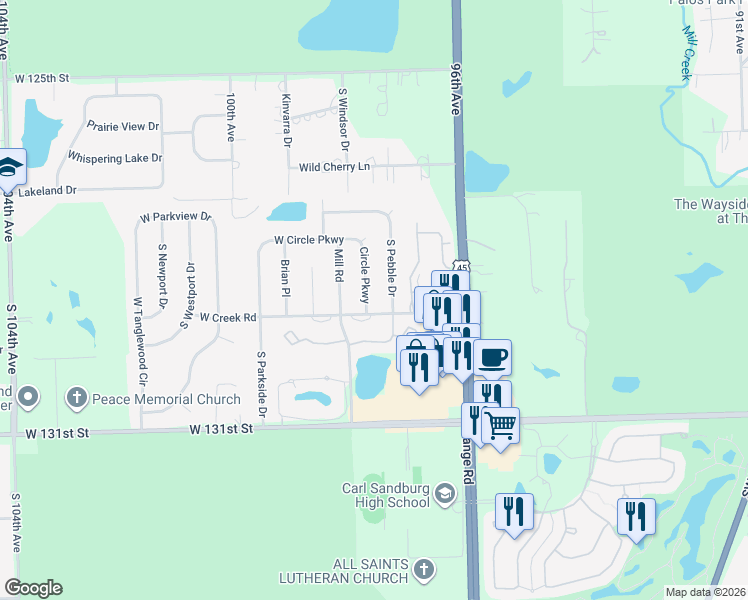 map of restaurants, bars, coffee shops, grocery stores, and more near 12857 Circle Parkway in Palos Park