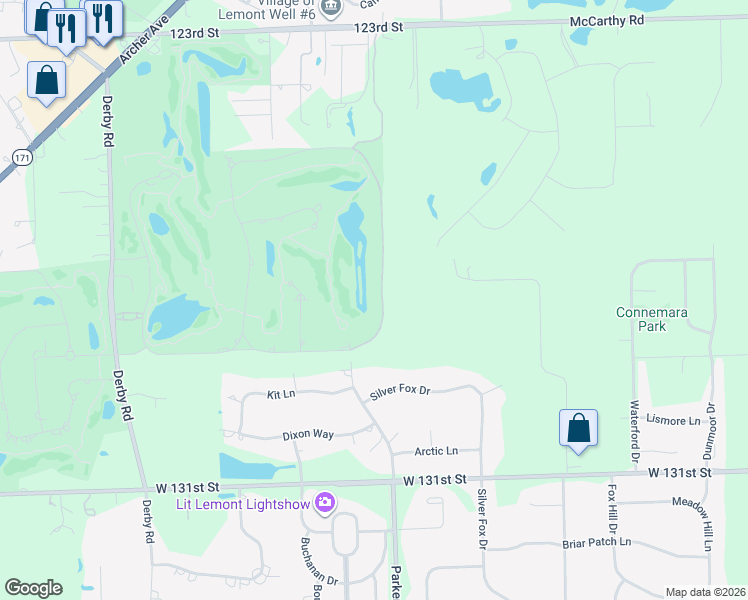 map of restaurants, bars, coffee shops, grocery stores, and more near 93 Ruffled Feathers Drive in Lemont