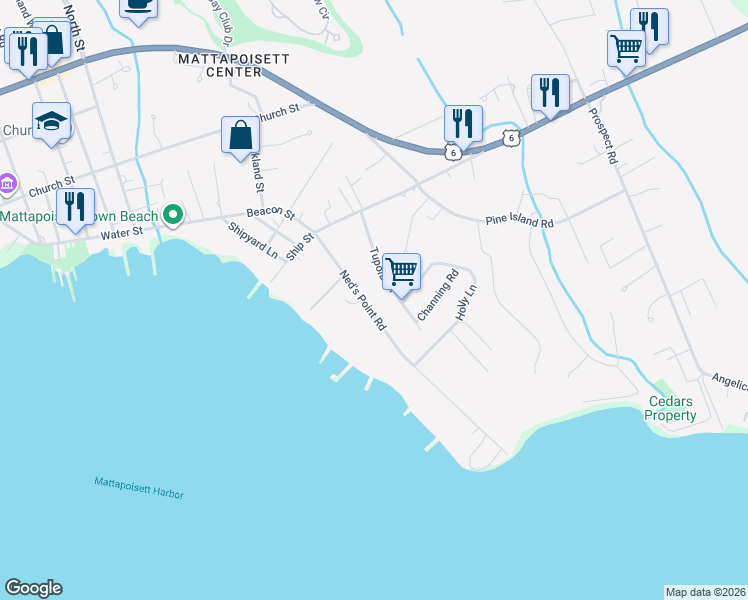 map of restaurants, bars, coffee shops, grocery stores, and more near 19 Ned's Point Road in Mattapoisett