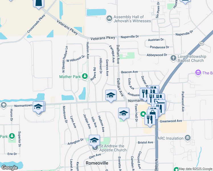 map of restaurants, bars, coffee shops, grocery stores, and more near 110 Arcadia Avenue in Romeoville