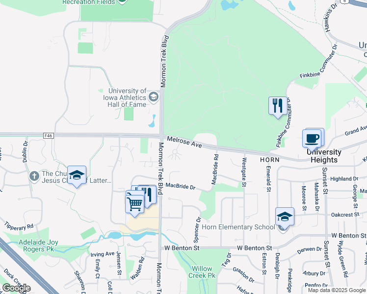 map of restaurants, bars, coffee shops, grocery stores, and more near 302 Finkbine Lane in Iowa City