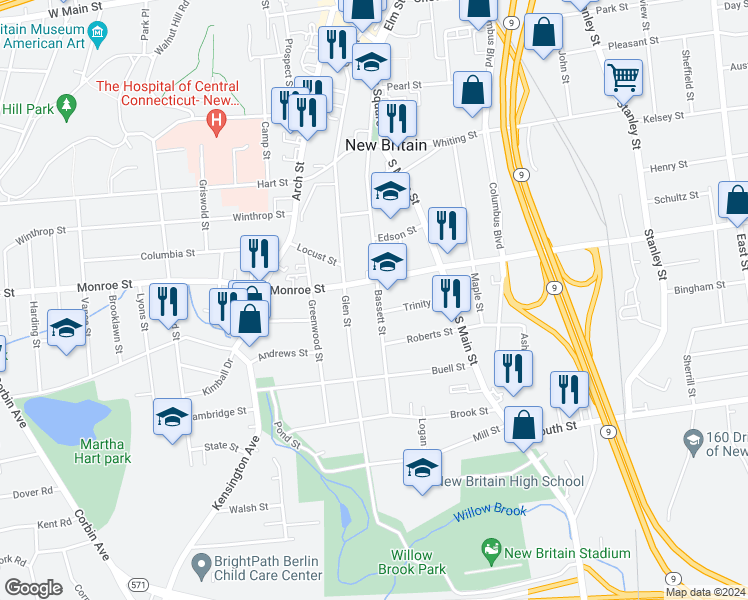 map of restaurants, bars, coffee shops, grocery stores, and more near 171 Bassett Street in New Britain