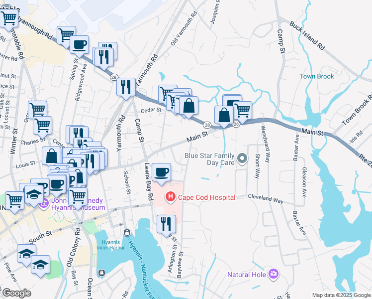 map of restaurants, bars, coffee shops, grocery stores, and more near 25 Main Street in Barnstable