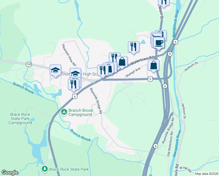 map of restaurants, bars, coffee shops, grocery stores, and more near 197 Pine Hill Road in Thomaston