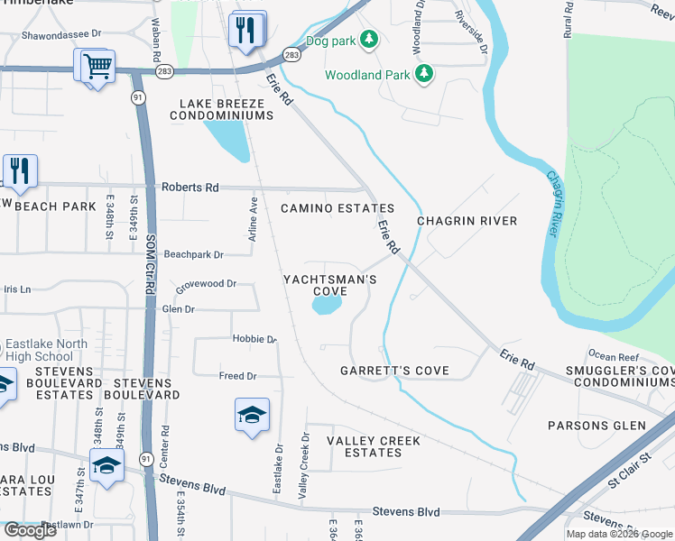 map of restaurants, bars, coffee shops, grocery stores, and more near 36160 Sandy Knoll Drive in Eastlake