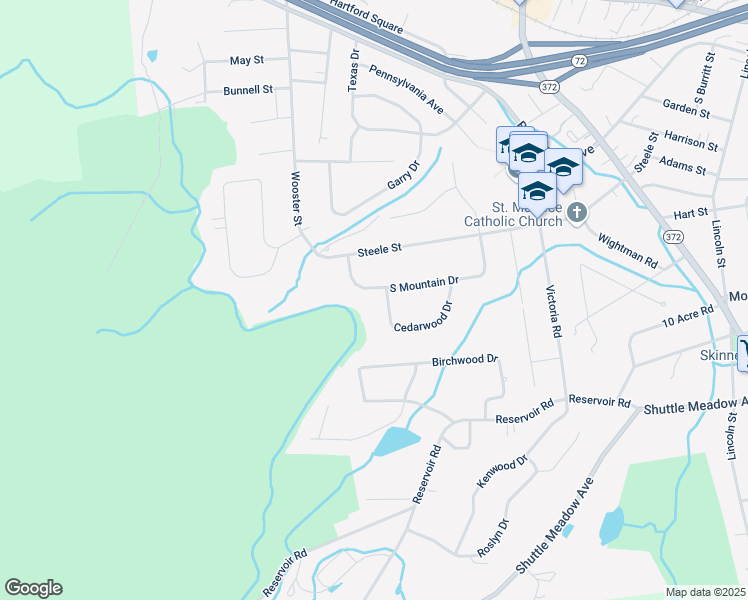 map of restaurants, bars, coffee shops, grocery stores, and more near 174 South Mountain Drive in New Britain