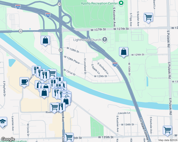 map of restaurants, bars, coffee shops, grocery stores, and more near 4556 West 129th Street in Alsip