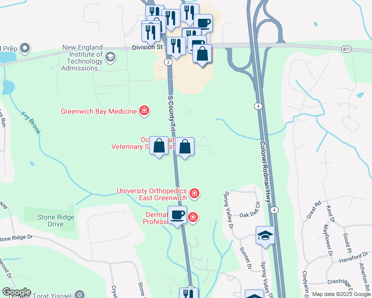 map of restaurants, bars, coffee shops, grocery stores, and more near 1480 South County Trail in East Greenwich