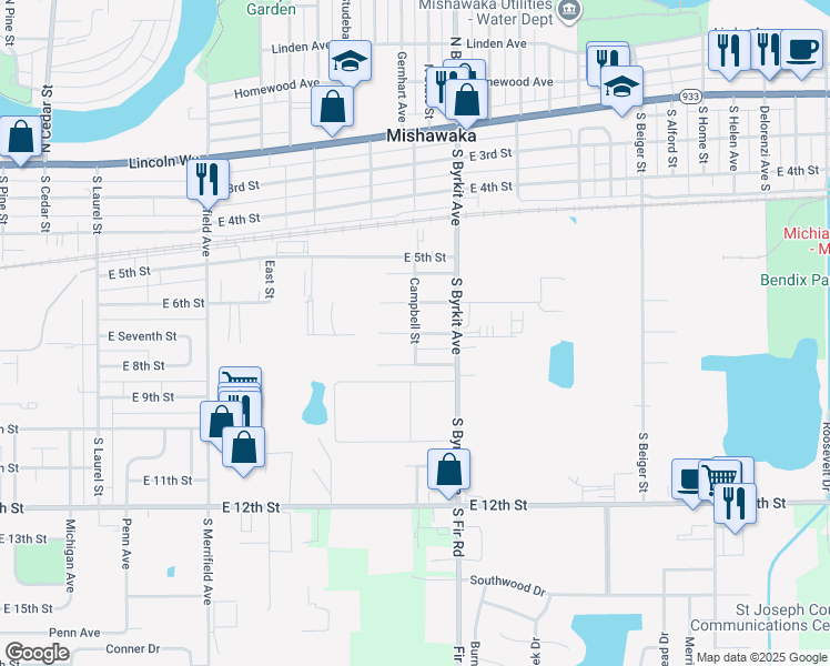 map of restaurants, bars, coffee shops, grocery stores, and more near 1300 East Seventh Street in Mishawaka