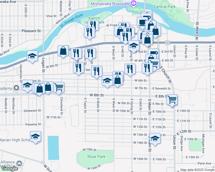 map of restaurants, bars, coffee shops, grocery stores, and more near 518 West 7th Street in Mishawaka