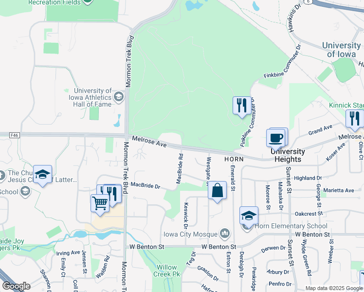 map of restaurants, bars, coffee shops, grocery stores, and more near 2701 Prairie Meadow Drive in Iowa City