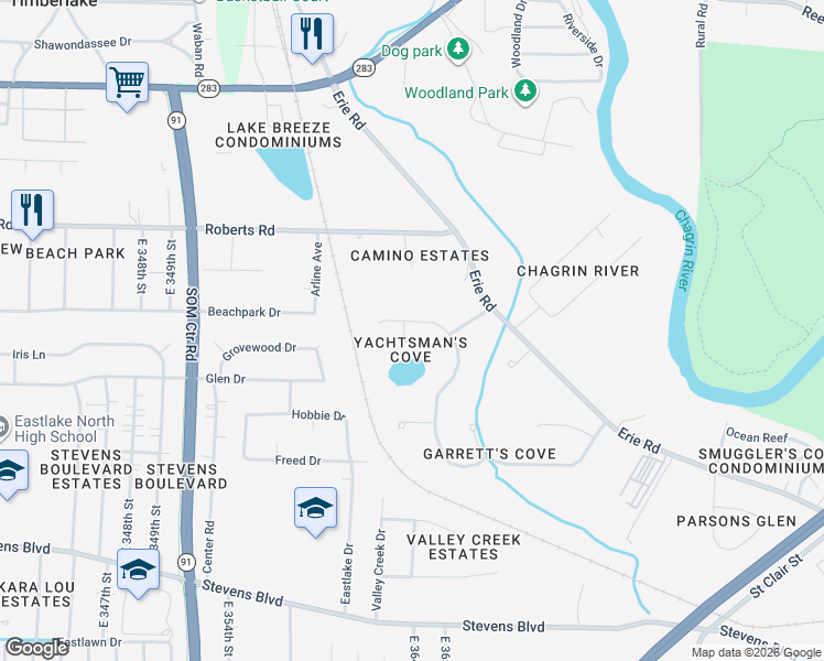 map of restaurants, bars, coffee shops, grocery stores, and more near 36160 Sandy Knoll Drive in Eastlake