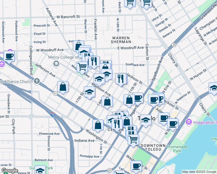 map of restaurants, bars, coffee shops, grocery stores, and more near 329 14th Street in Toledo