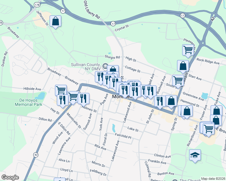 map of restaurants, bars, coffee shops, grocery stores, and more near 506 Broadway in Monticello
