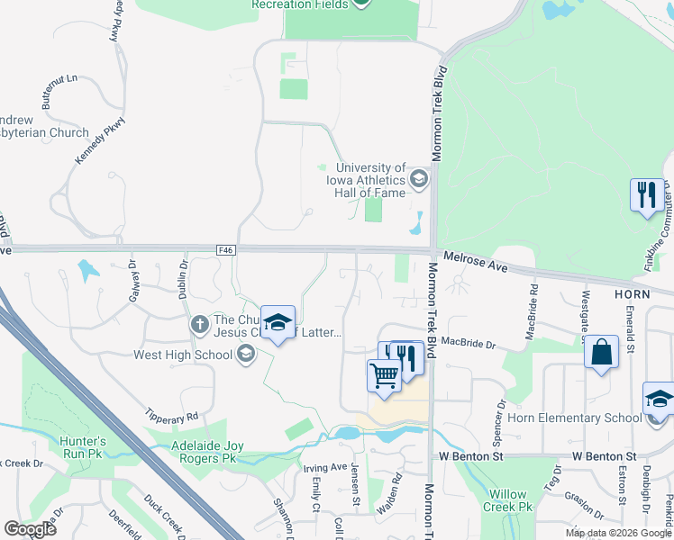 map of restaurants, bars, coffee shops, grocery stores, and more near 326 Willow Wind Place in Iowa City