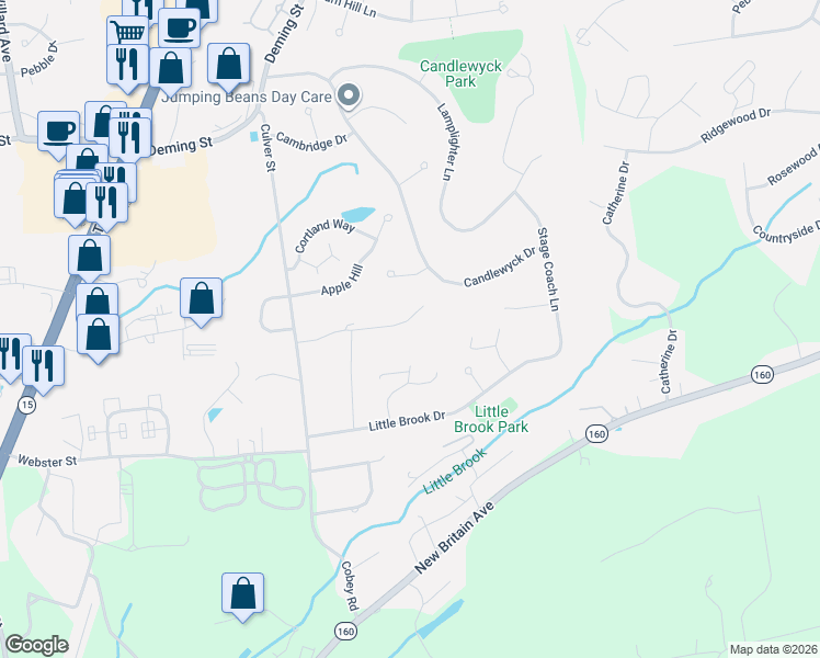 map of restaurants, bars, coffee shops, grocery stores, and more near 93 Rockledge Drive in Newington
