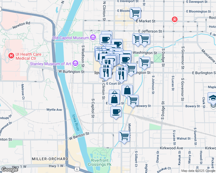 map of restaurants, bars, coffee shops, grocery stores, and more near 400 South Clinton Street in Iowa City