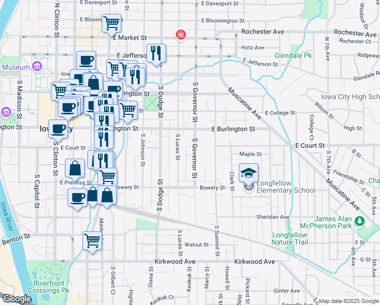 map of restaurants, bars, coffee shops, grocery stores, and more near 411 South Governor Street in Iowa City