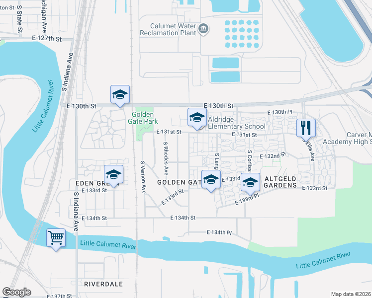 map of restaurants, bars, coffee shops, grocery stores, and more near 13123 South Saint Lawrence Avenue in Chicago