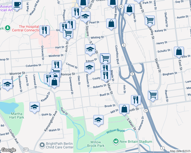 map of restaurants, bars, coffee shops, grocery stores, and more near 38 Trinity Street in New Britain