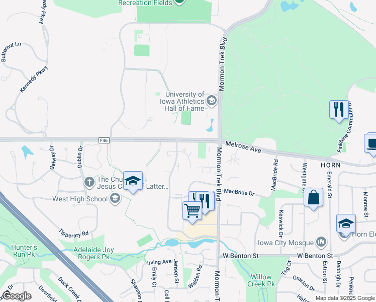map of restaurants, bars, coffee shops, grocery stores, and more near 421 Samoa Drive in Iowa City