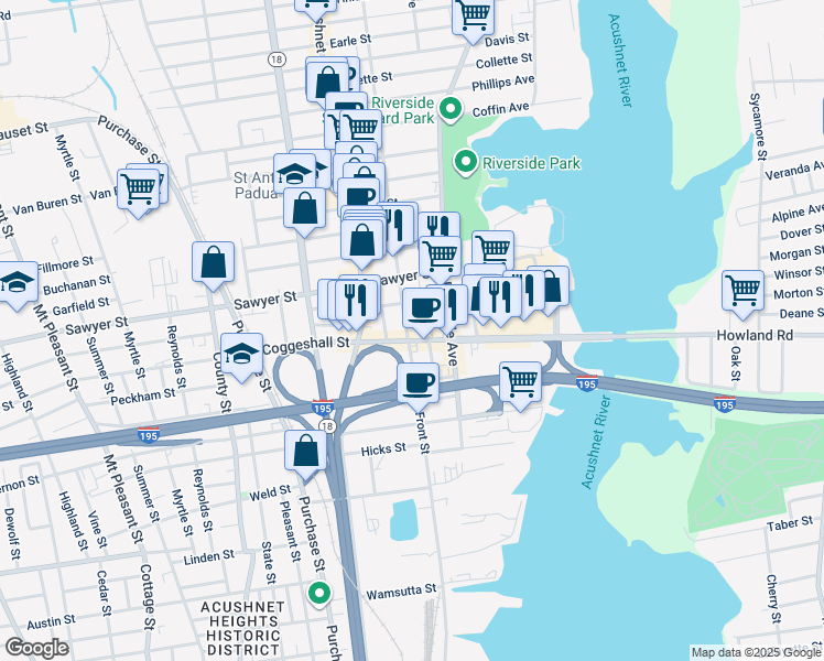 map of restaurants, bars, coffee shops, grocery stores, and more near 11 Granfield Street in New Bedford