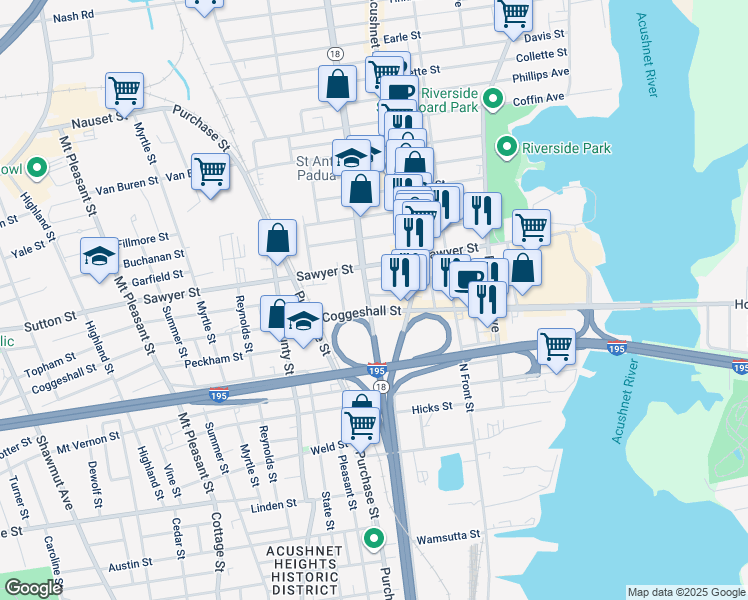 map of restaurants, bars, coffee shops, grocery stores, and more near 102 Ashley Boulevard in New Bedford