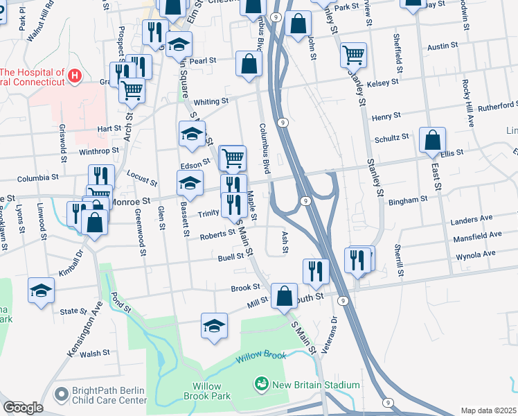 map of restaurants, bars, coffee shops, grocery stores, and more near 304 Maple Street in New Britain