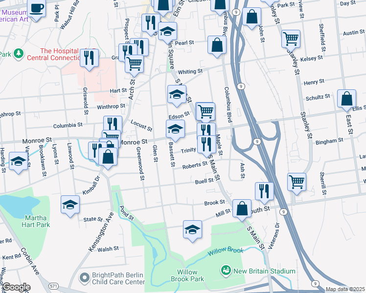 map of restaurants, bars, coffee shops, grocery stores, and more near 38 Trinity Street in New Britain