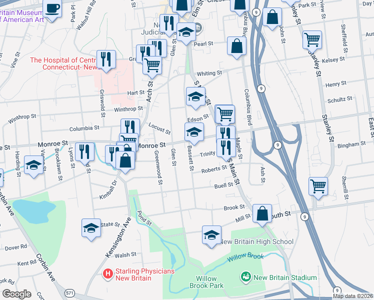 map of restaurants, bars, coffee shops, grocery stores, and more near 163 Bassett Street in New Britain