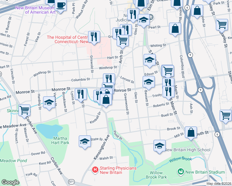 map of restaurants, bars, coffee shops, grocery stores, and more near 90 Monroe Street in New Britain