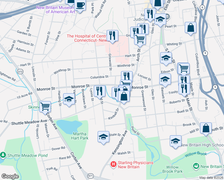 map of restaurants, bars, coffee shops, grocery stores, and more near 170 Monroe Street in New Britain