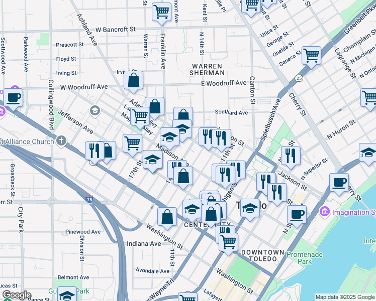 map of restaurants, bars, coffee shops, grocery stores, and more near 333 14th Street in Toledo